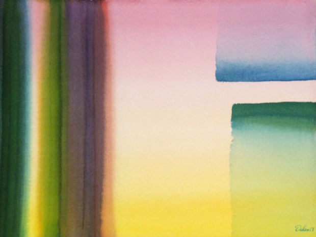 green and purple bars and pink block, watercolor painting