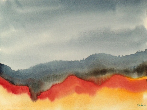 dramatic black and red horizon with smoky sky, watercolor painting