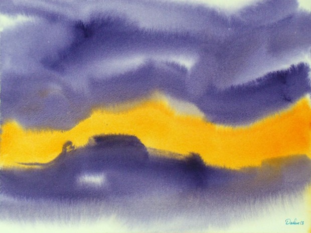 maine seascape with bright amber and ominous purple, watercolor painting