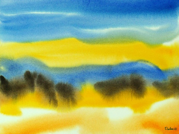 brilliant maine seascape with yellow dunes, watercolor painting