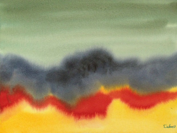 maine seascape with black and red dunes, watercolor painting