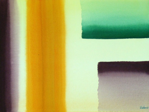 plum-colored and yellow bars and pale-green block, watercolor painting