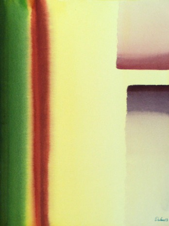 green and red-brown bars and pale-yellow block, watercolor painting