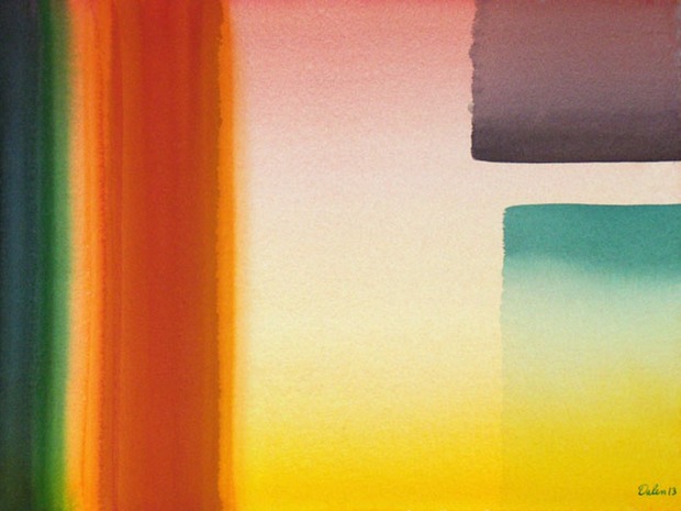 green and orange-red bars and purple and aqua blocks, watercolor painting