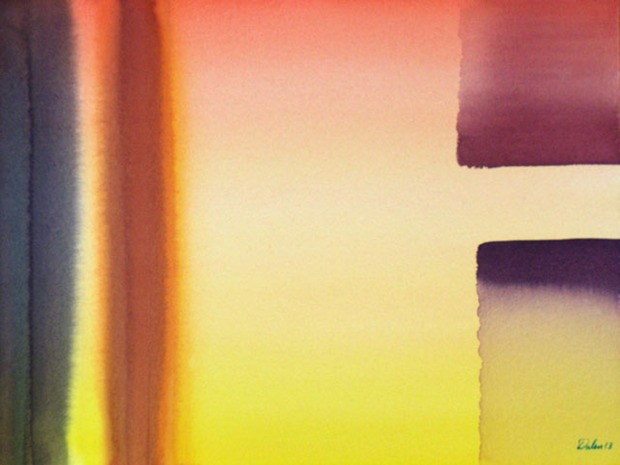 blue-black and dusty-rose bars, and plum and purple blocks, watercolor painting