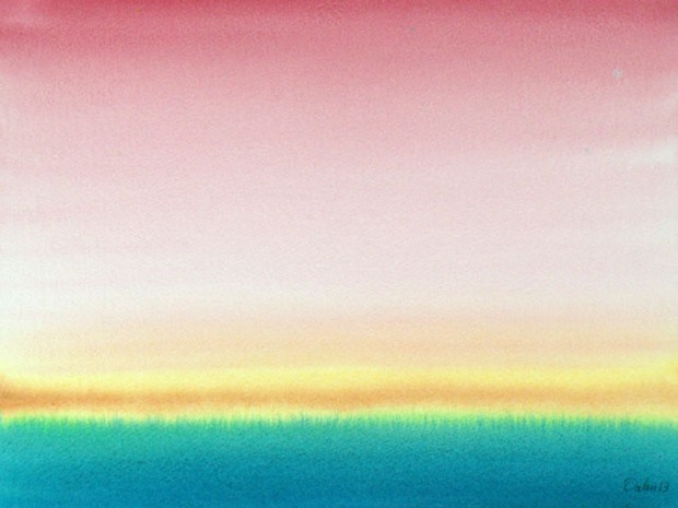 luminous, blue-green horizon with sunset sky, watercolor painting