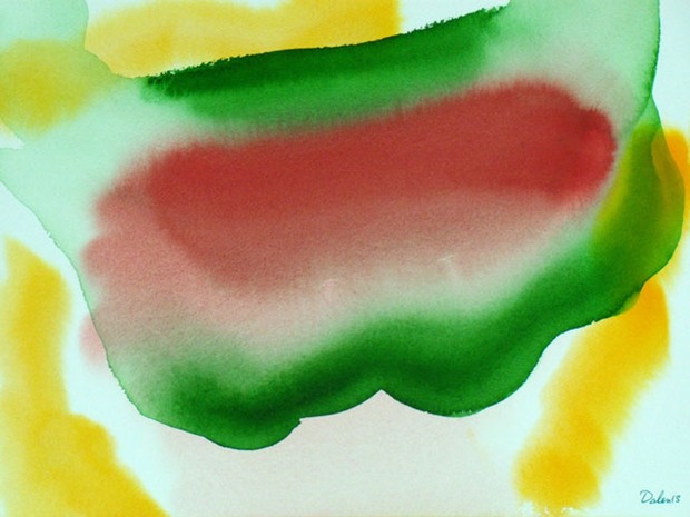 watermelon-shaped horizontal red and green oscillations with yellow sides, watercolor painting