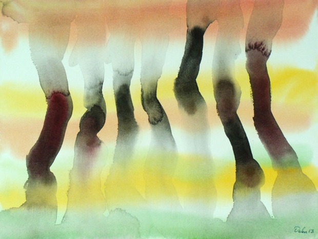 salmon-, yellow- and mint-colored horizontal oscillations with horse-like legs, watercolor painting