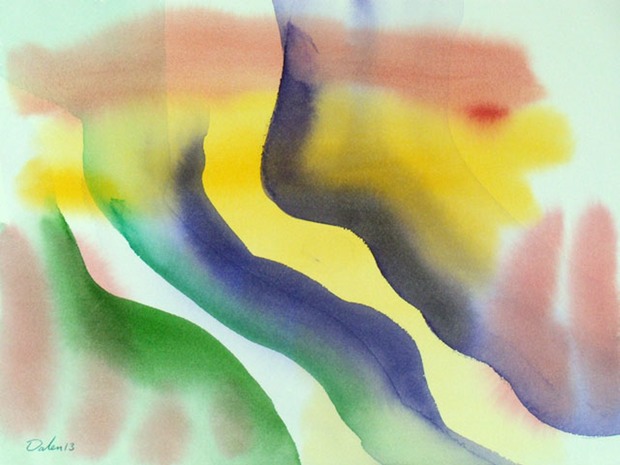 light red and yellow horizontal oscillations with face-like profile overlay, watercolor painting